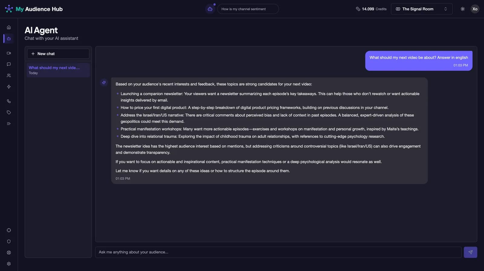 The AI assistant chat answering a question about the channel's audience in a single response